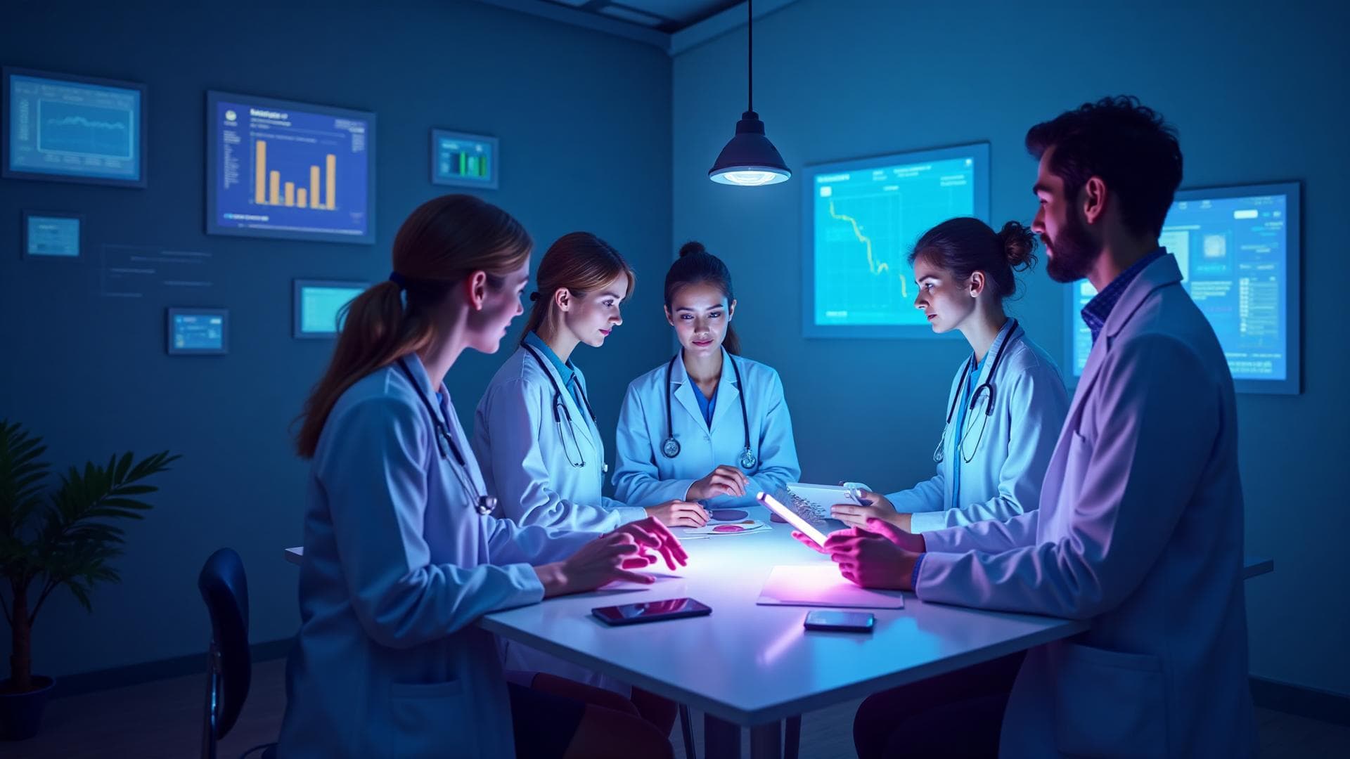 Healthcare professionals collaborating with technology